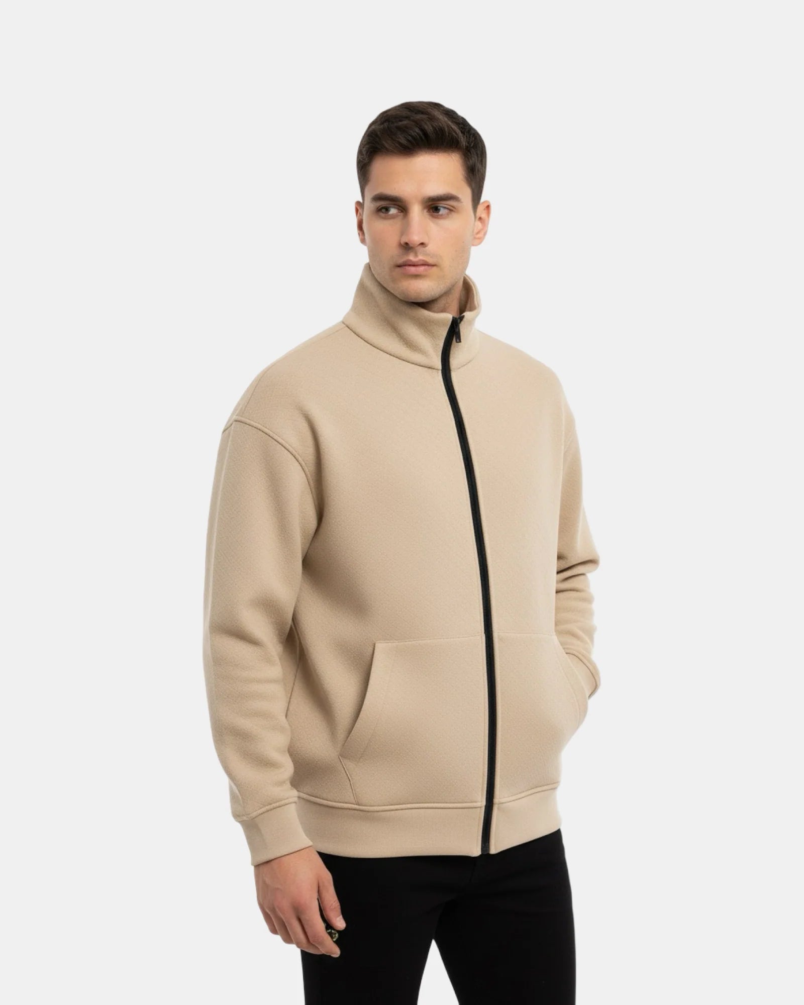BEIGE FLEECE ZIP-UP SWEATSHIRT W25N